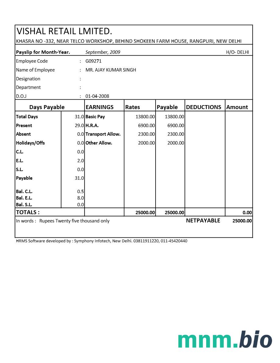 Szablon odcinka wypłaty Vishal Retail LTD w formatach Excel i PDF